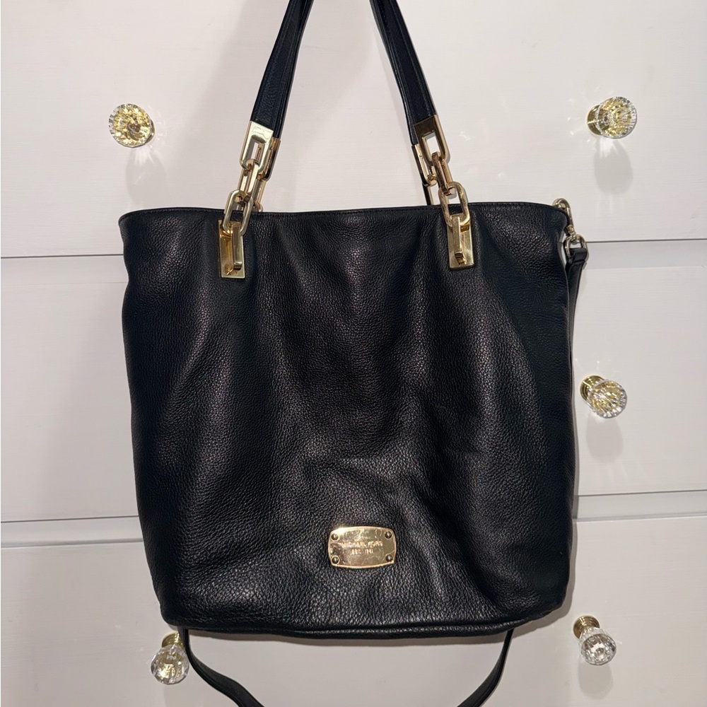 Black Michael Kors Brooke Leather Tote Bag with Gold Hardware